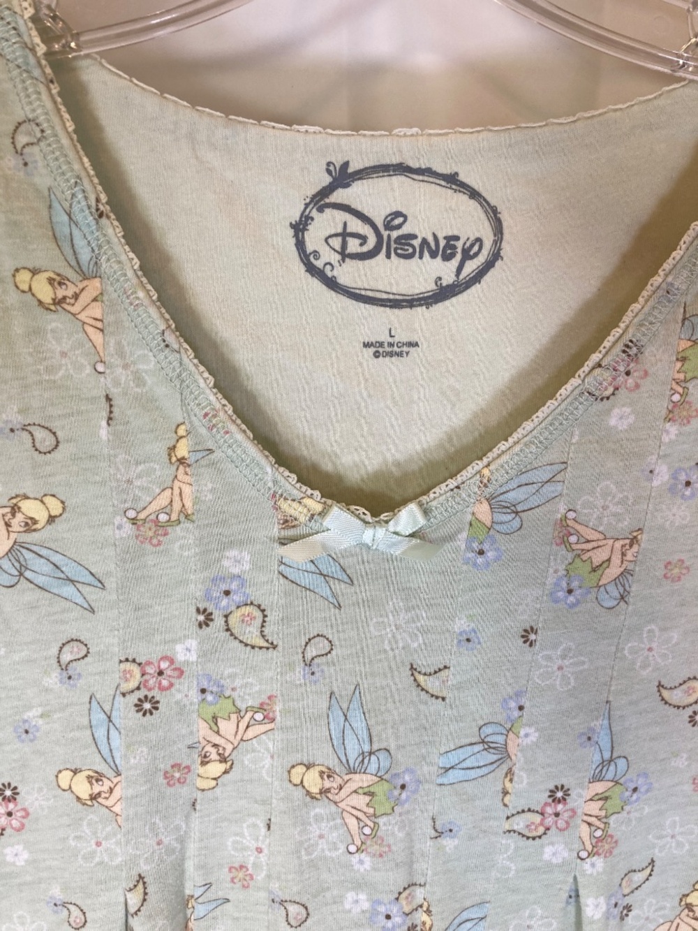 Disney Tinkerbell Pajama Gown Sz L 12/14 green Long Sleeve V Neck - Picture 4 of 13
